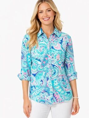 Talbots Paisley Button Front Shirt Medium Petite Blue Pink Coastal Preppy Cotton